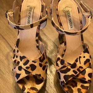 Leopard fur platform sandals
